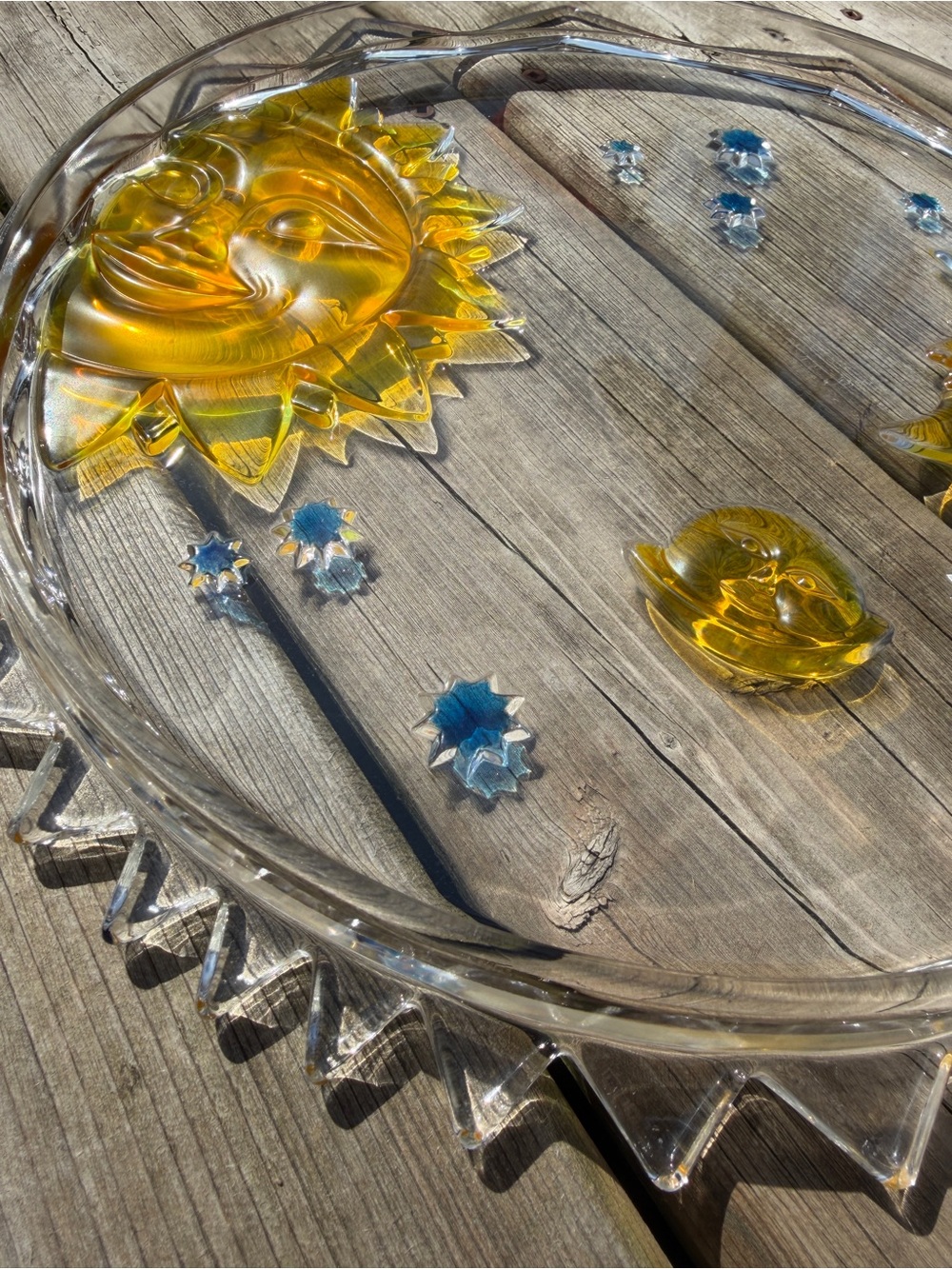 Vintage Celestial Sun Moon Glass Tray 12” Amber Blue Stars Decorative Plate - Picture 6 of 16
